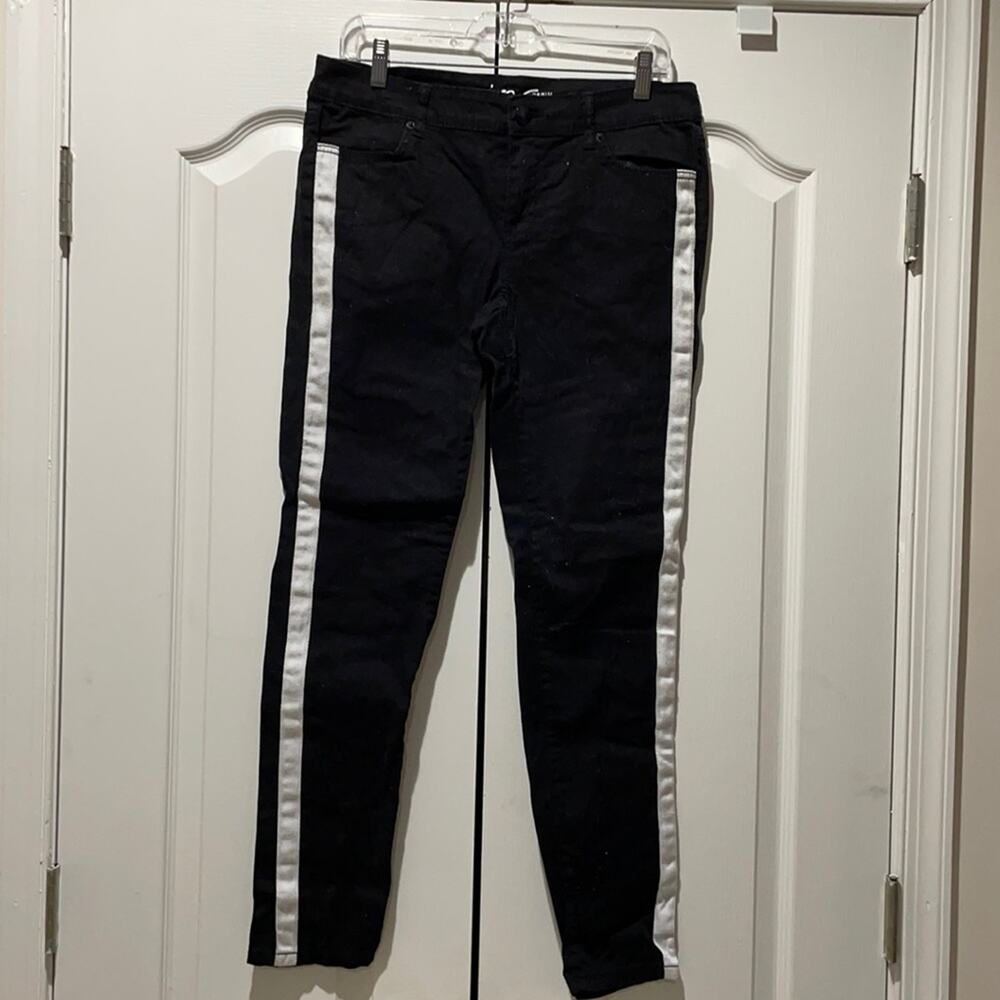 Inc denim 10 black stretch skinny jean white side tuxedo style leg stripe euc